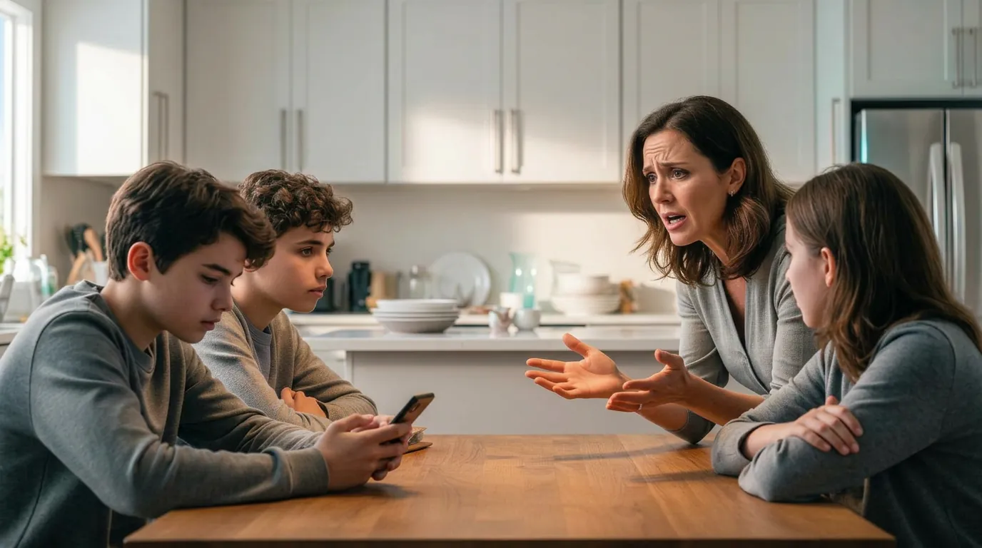 A frustrated mother trying to talk with her two disengaged teenagers at a kitchen table