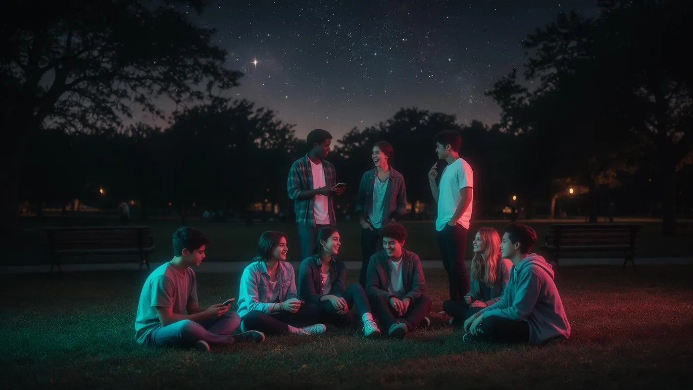 A group of teens gathered together in a park at twilight under a starry sky